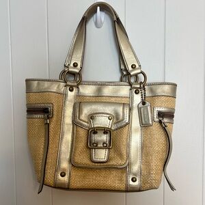 COACH Legacy Straw Purse Gold Leather Shoulder HandBag Tote Large‎ L05K-113